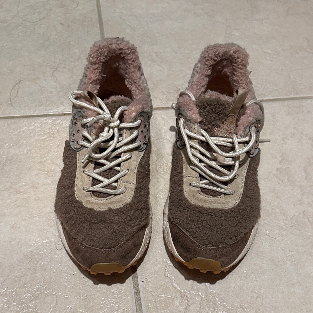 Flower Mountain Cozy Faux-Shearling Sneakers in Brown and Taupe